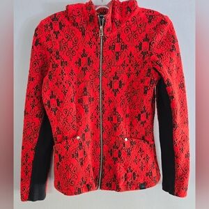 Tonia Debellis Hooded Salmon Red Black Jacket Size S Full Zip Textured Luxury